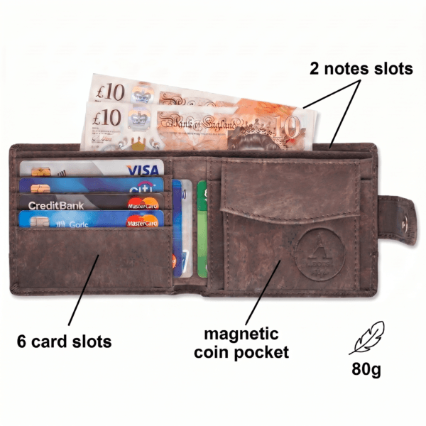 Brown leather wallet showing six card slots, two note slots, and a magnetic coin pocket with notes peeking out.