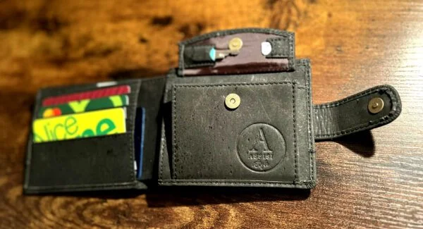 opened cork wallet black
