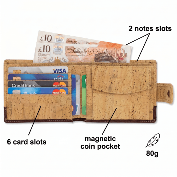 Open leather wallet showing six card slots and two note slots, with £10 notes and several cards inserted