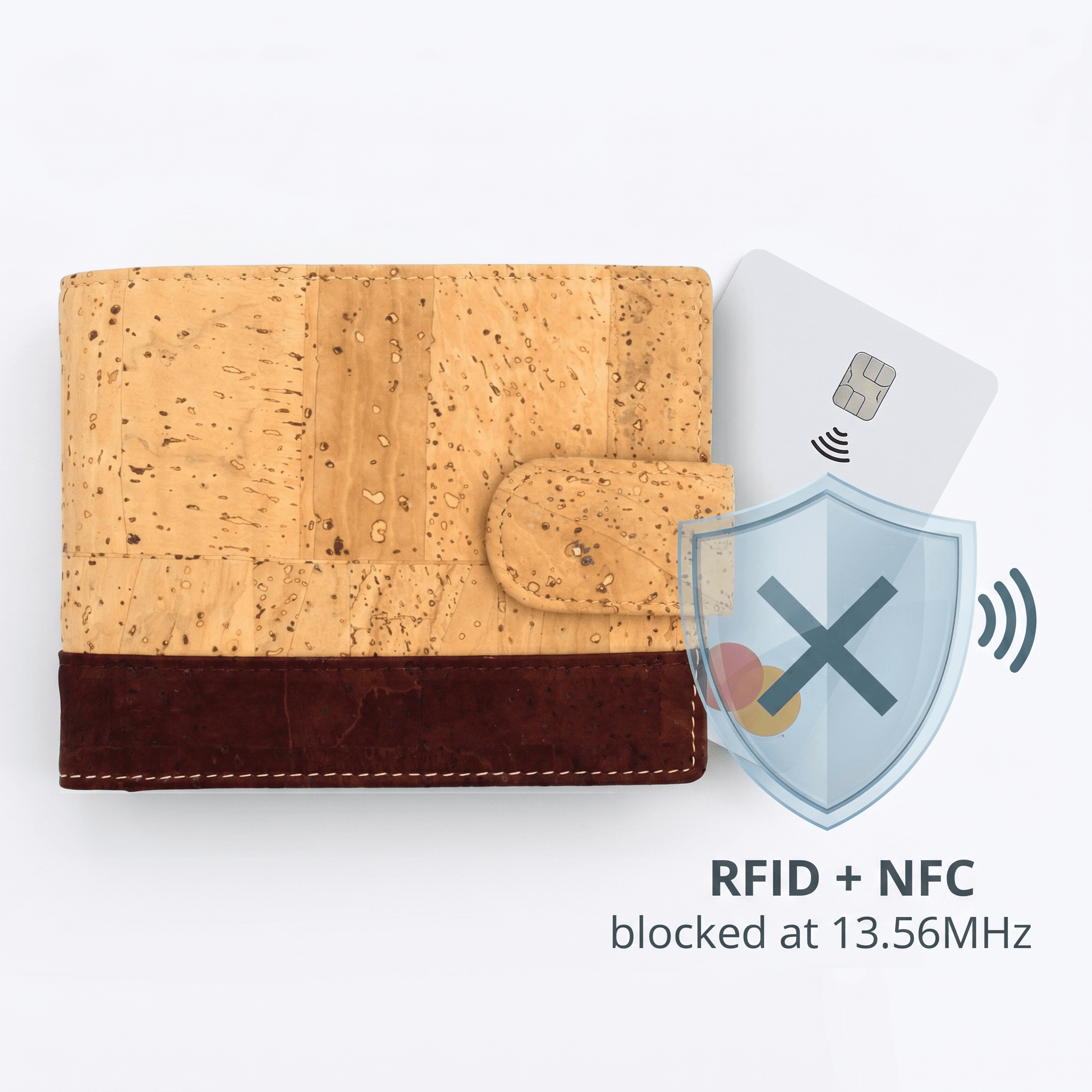 Wallet made of cork and leather with RFID/NFC shield graphic; text indicates RFID/NFC blocked at 13.56 MHz