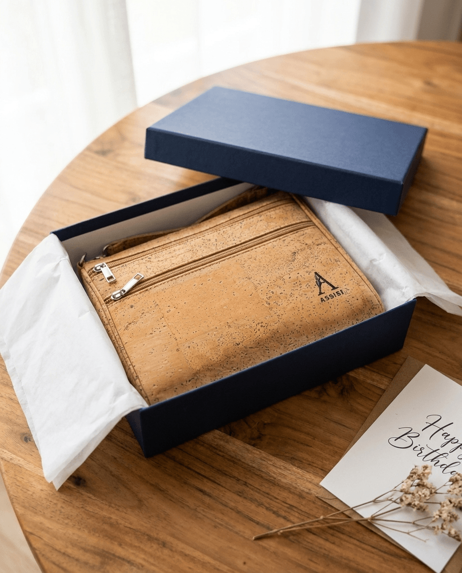 Gift box on a wooden table reveals a cork wallet with zipper pockets inside the lid, next to a birthday card and dried flowers