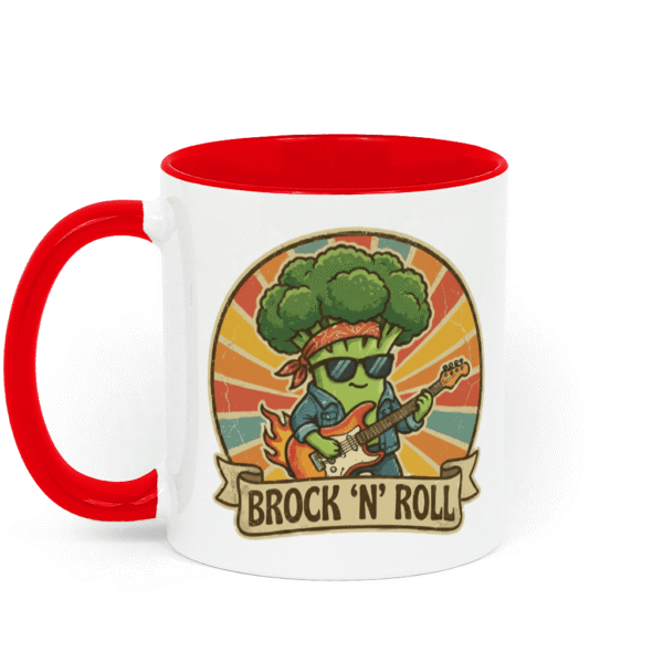 white & red brock n roll vegan mug