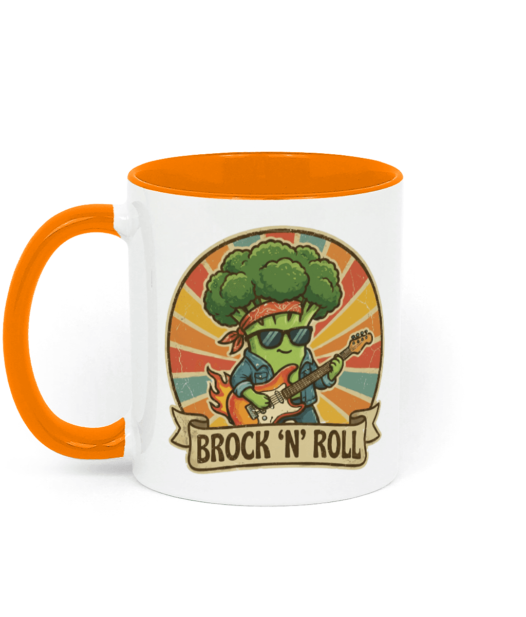 white & orange brock n roll vegan mug
